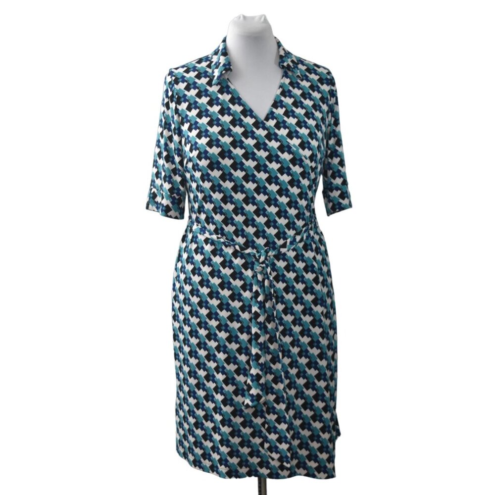 A Pea in the Pod Maternity Faux Wrap Dress Large Blue Tetris Print 3/4 Sleeve
